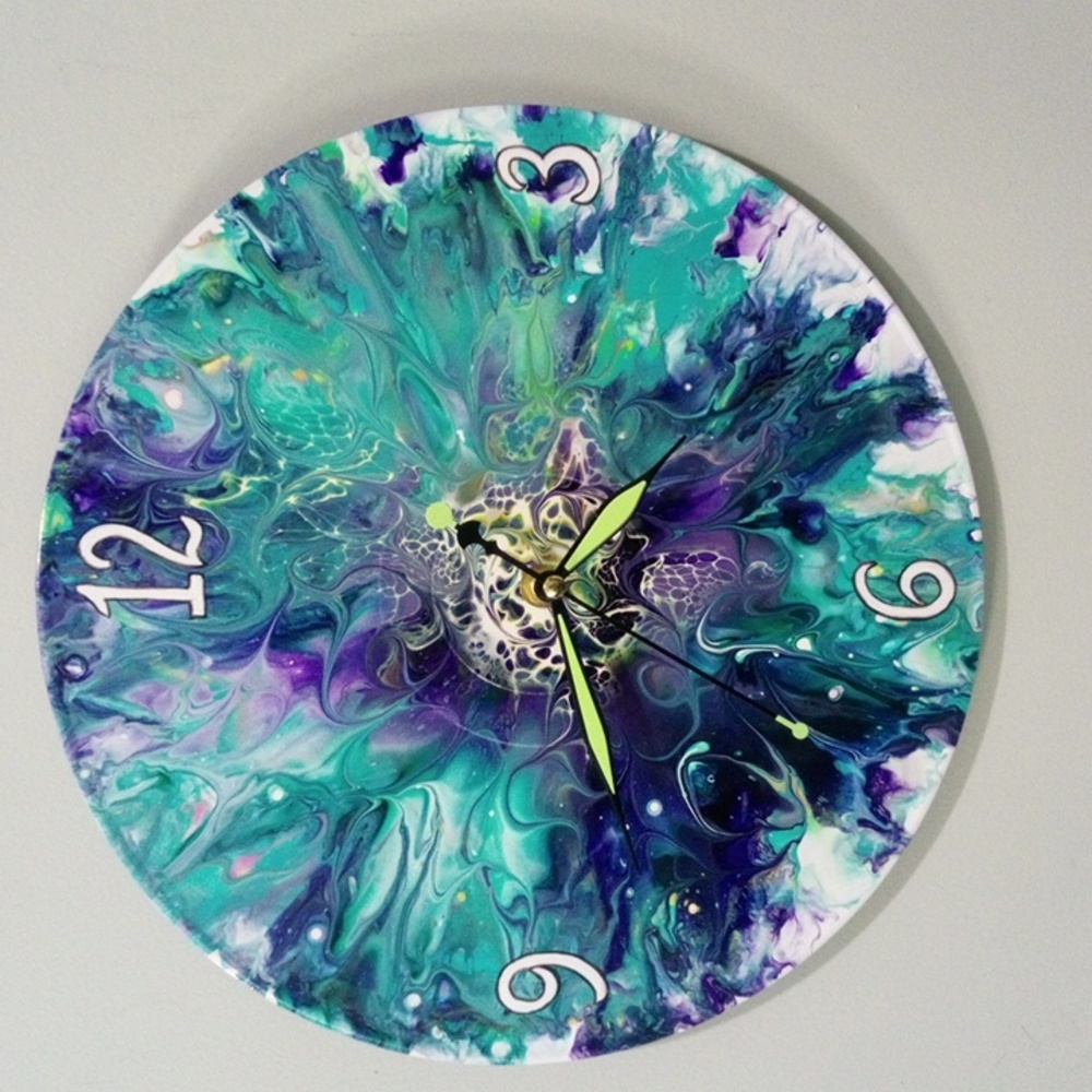 Hand Crafted Vinyl Record Clock Repurposed Upcycle Acrylic Fluid Art Wall Art